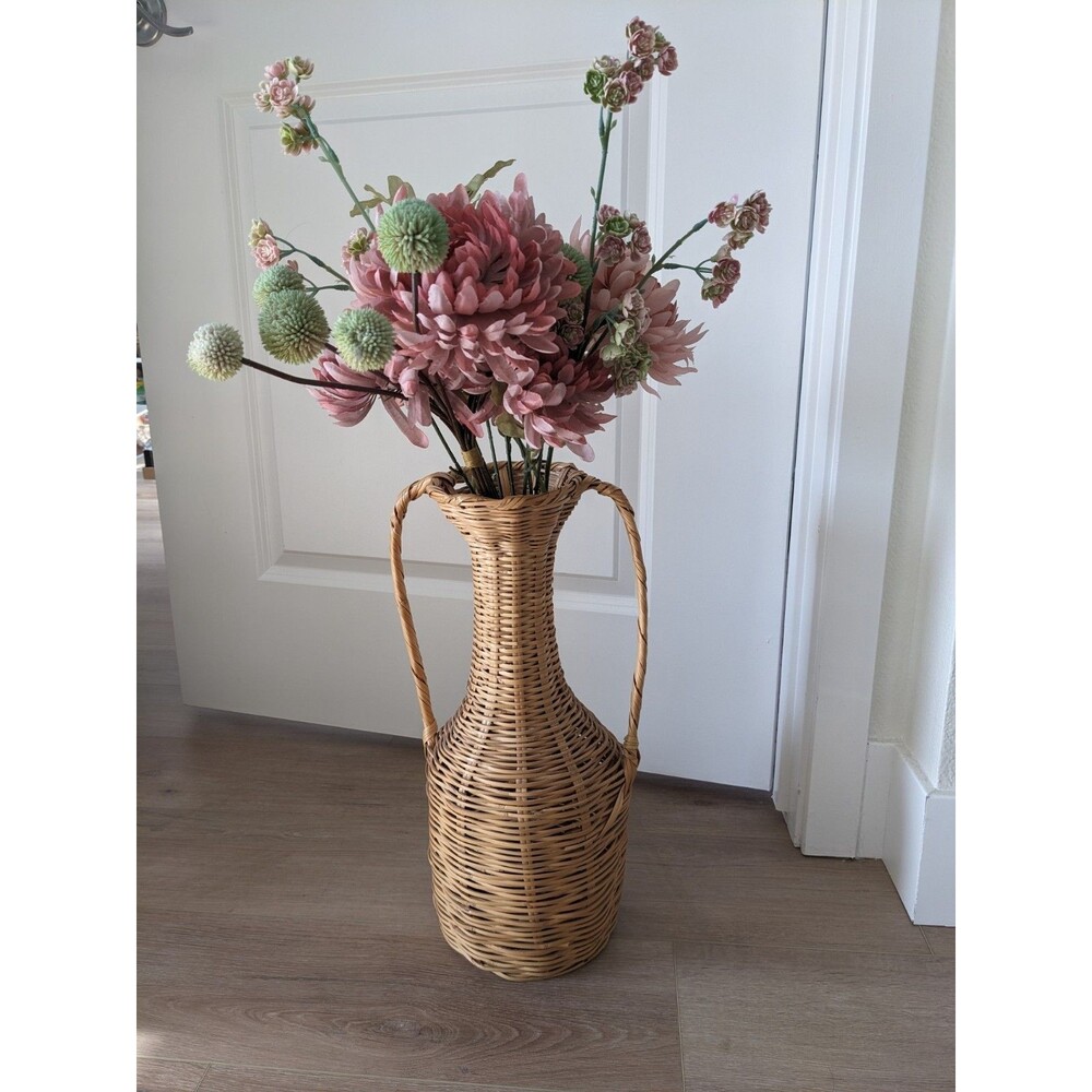 Vintage 1980s Rattan Amphora Wicker Vase Basket Bohemian Boho - No Flower